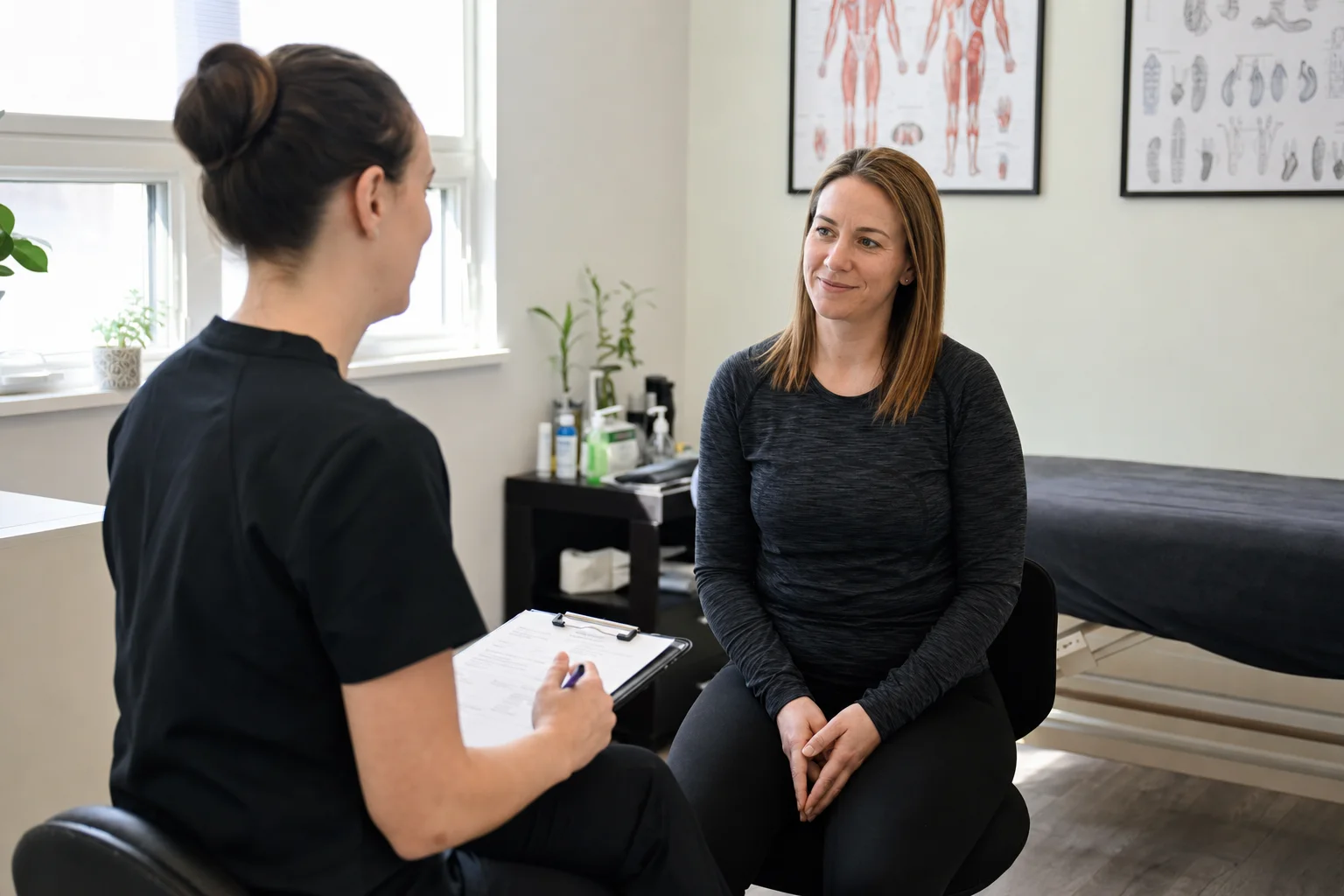 Massothérapeute enregistrée discutant avec une patiente pendant une évaluation dans une clinique à Burnaby — Massage des tissus profonds vs massage suédois : lequel est préférable?