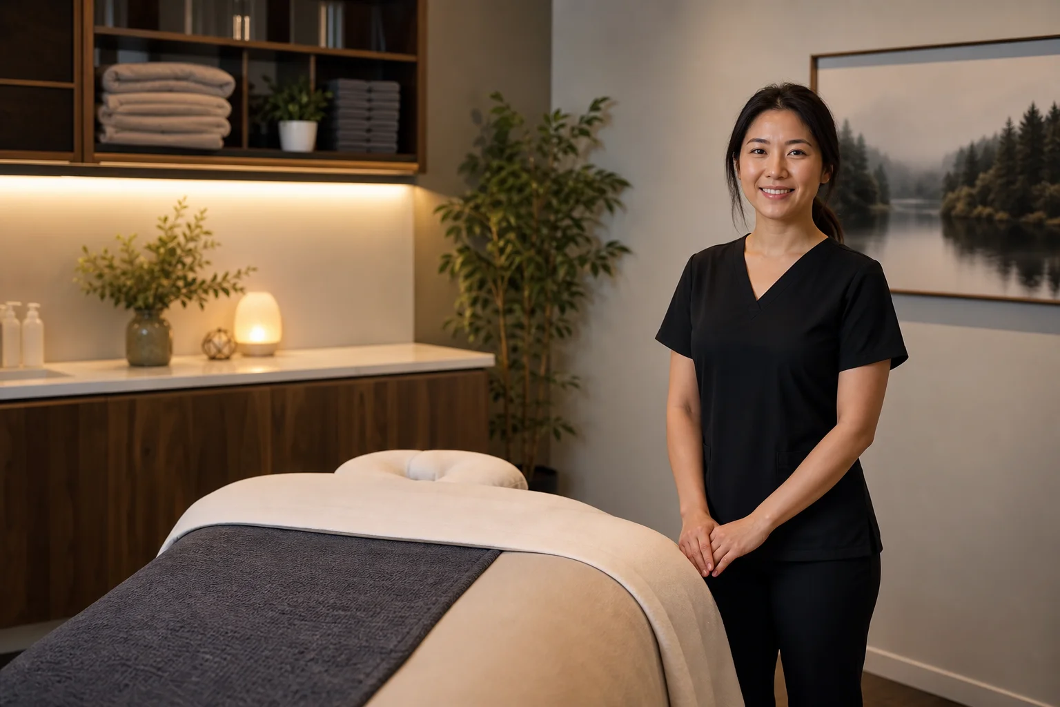 Registered Massage Therapist providing clinical massage treatment with proper draping in a calm Burnaby clinic setting.