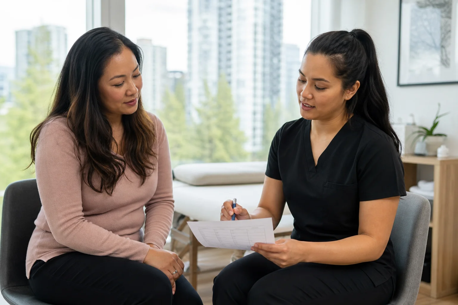 Patient and Registered Massage Therapist discussing a personalized massage schedule in a Burnaby clinic