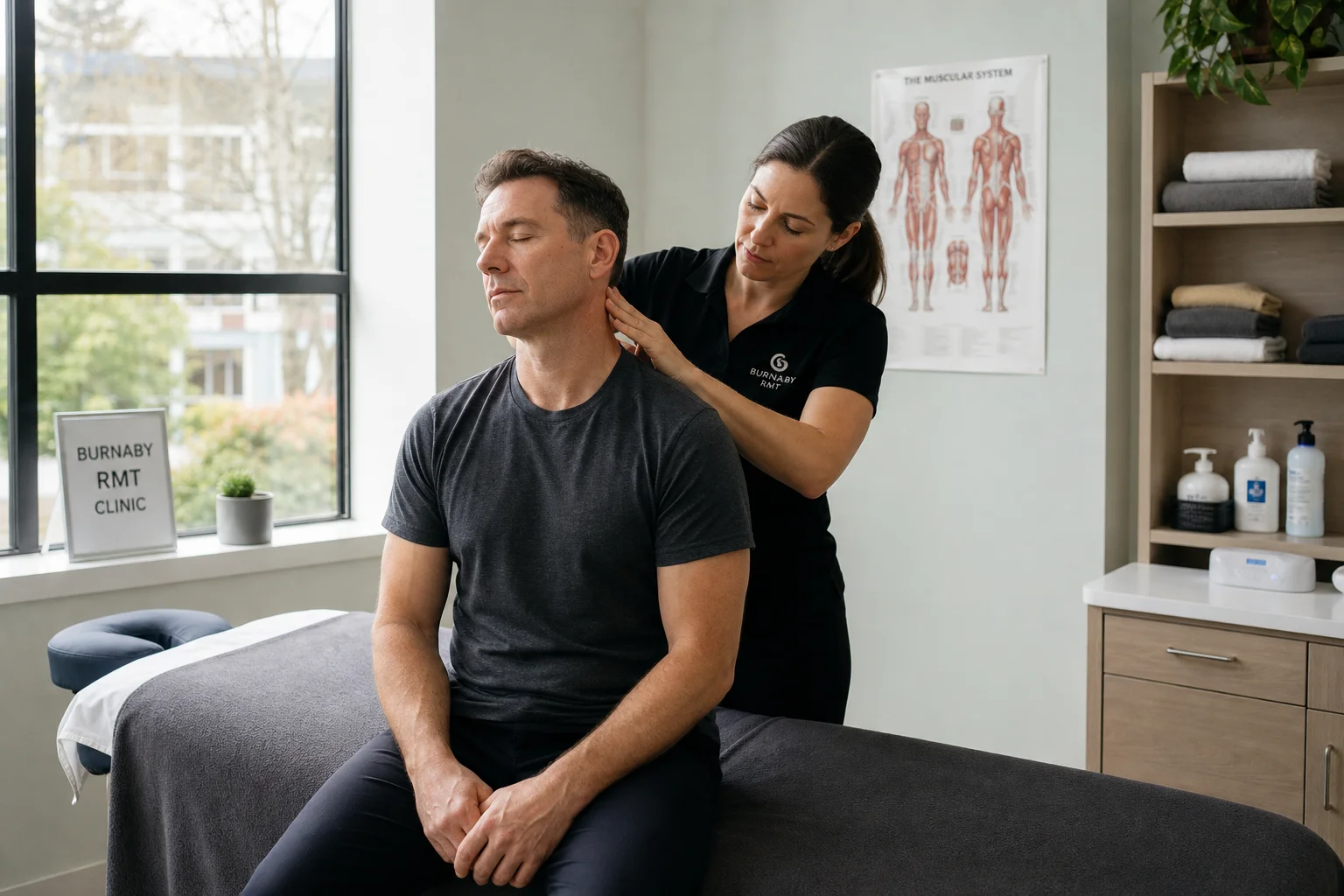 Registered Massage Therapist supporting a patient with soft-tissue care after a motor vehicle accident in Burnaby, BC.