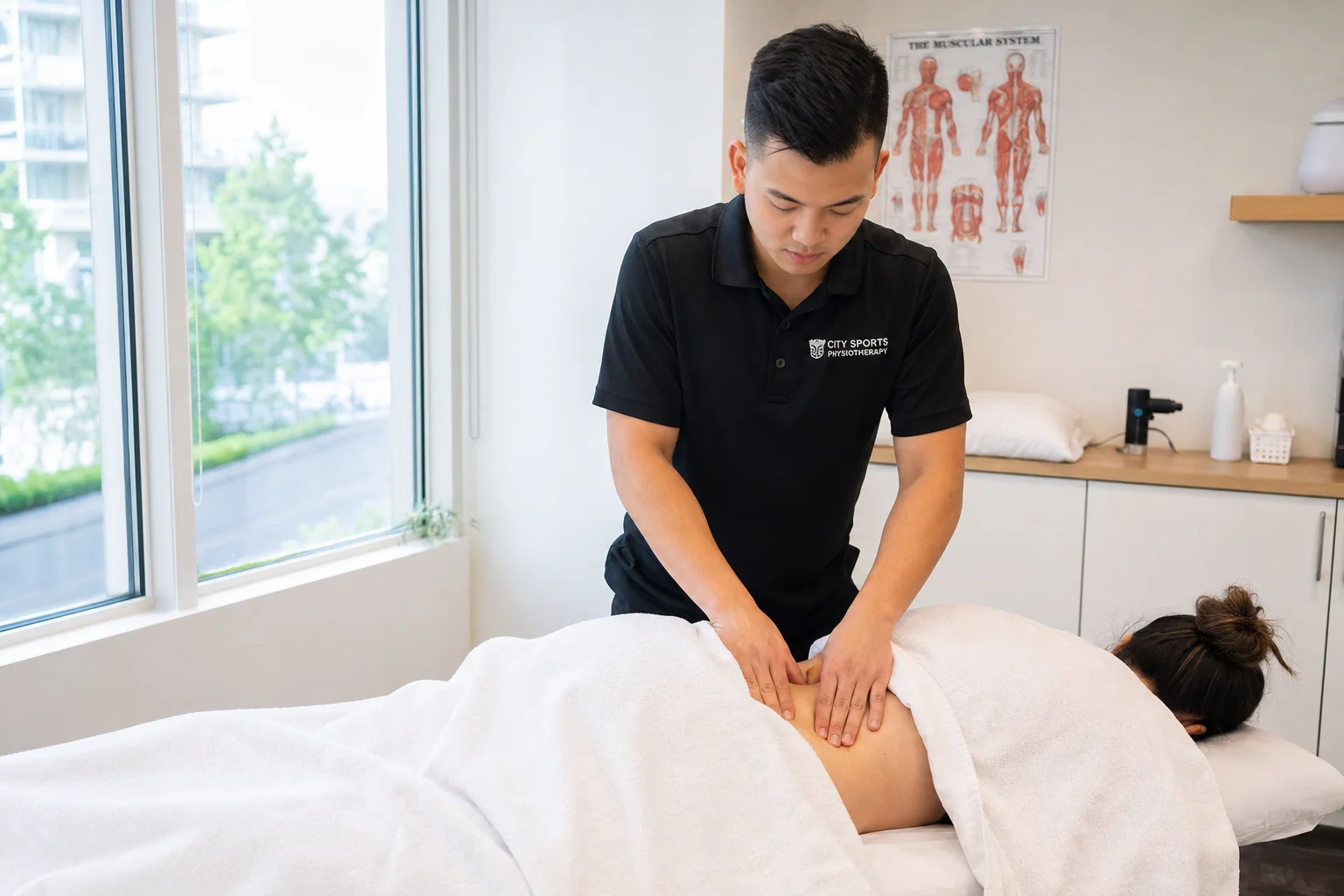 Registered Massage Therapist providing carefully draped lower-back soft-tissue care for an adult patient in a Burnaby clinic.