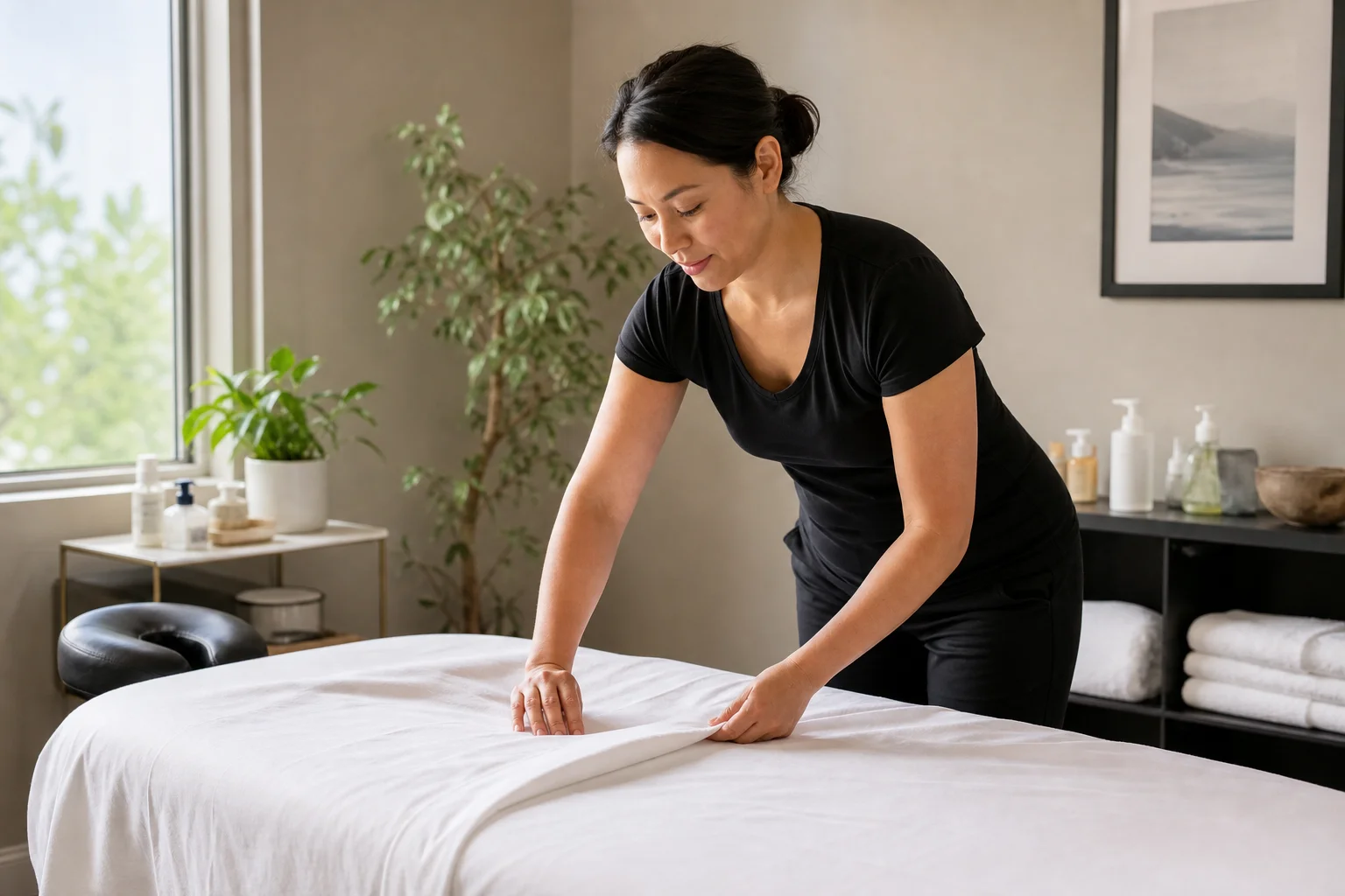 Massothérapeute enregistrée préparant une table de traitement dans une clinique lumineuse à Burnaby